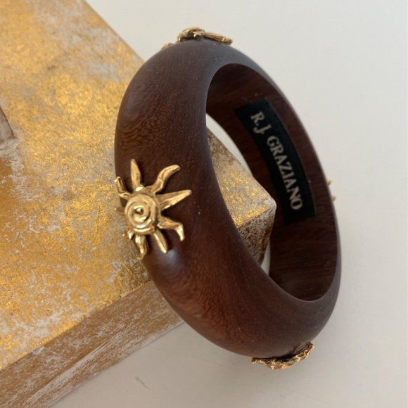 Rare R.J. Graziano CELESTIAL Mahagony Wood Style Bangle w Gold Plated SUN Motive - Picture 4 of 5